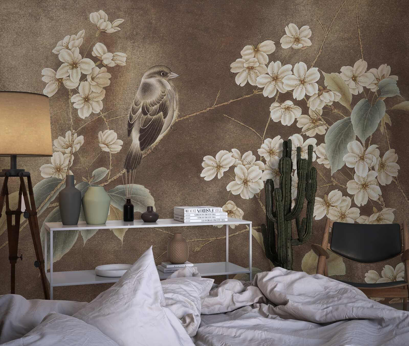 Fotobehang mus op een tak met sneeuwwitte bloemen