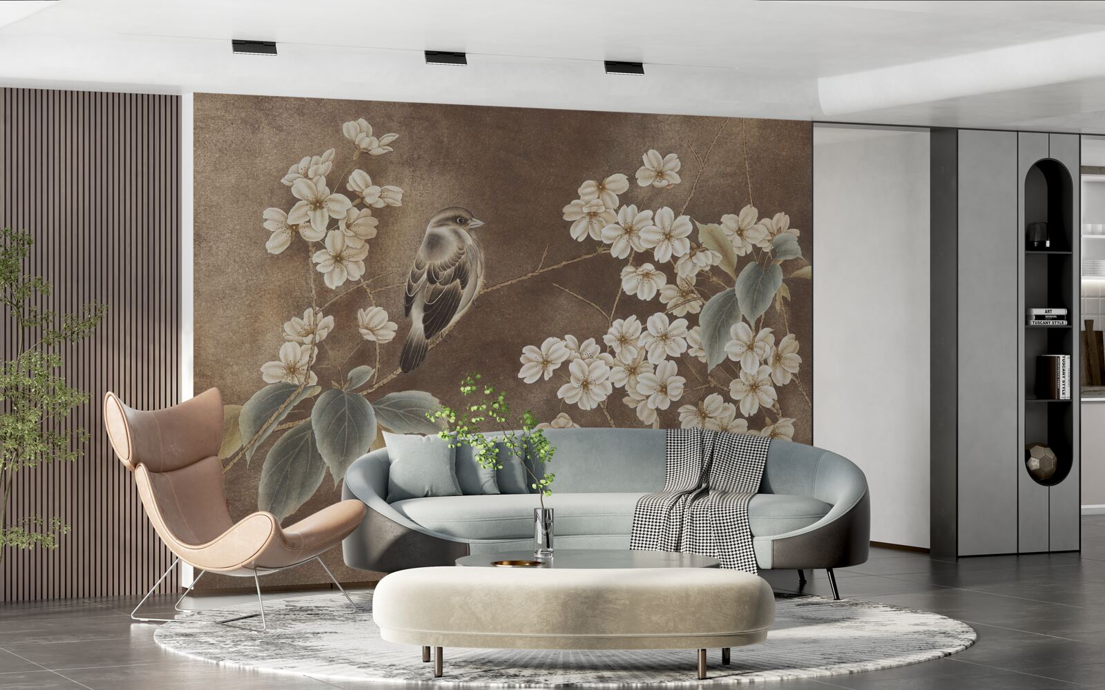 Fotobehang mus op een tak met sneeuwwitte bloemen