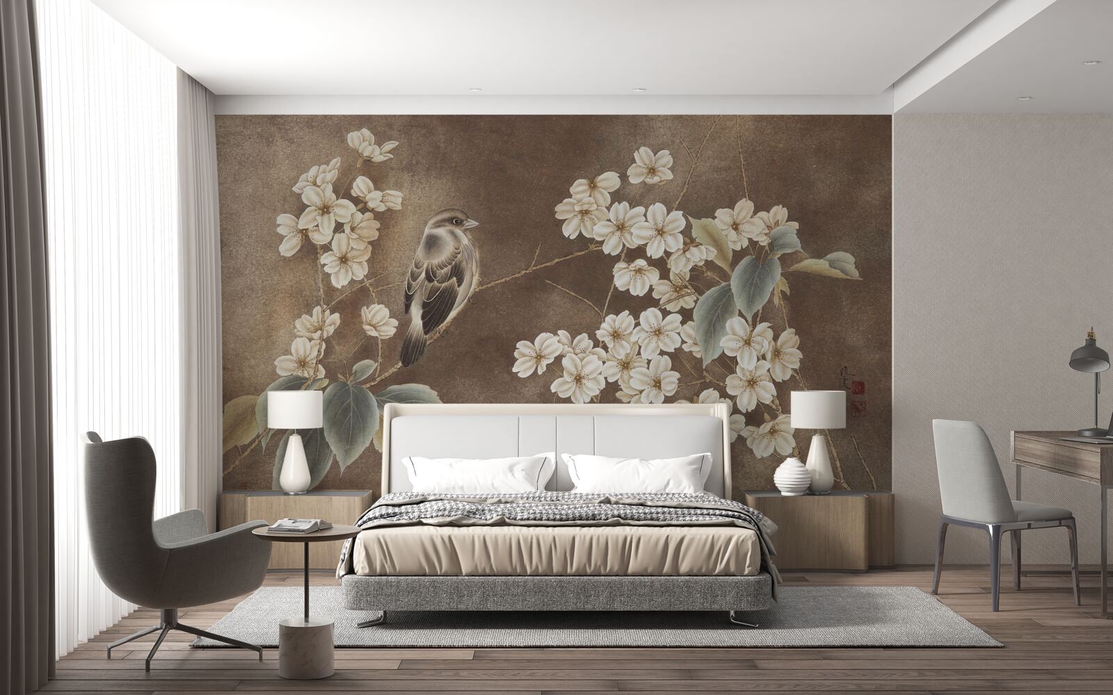 Fotobehang mus op een tak met sneeuwwitte bloemen