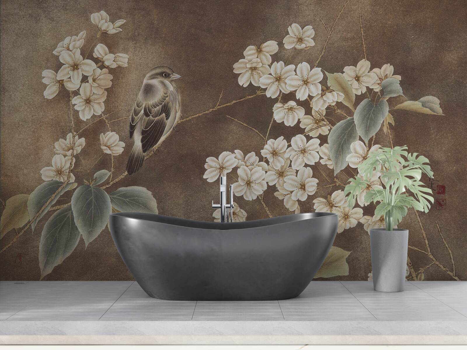 Fotobehang mus op een tak met sneeuwwitte bloemen