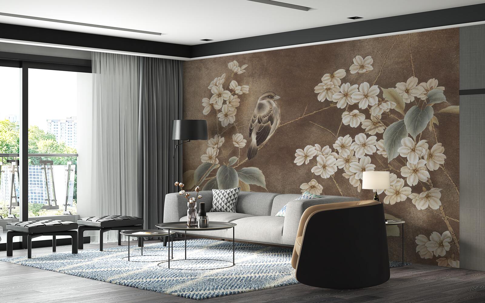 Fotobehang mus op een tak met sneeuwwitte bloemen