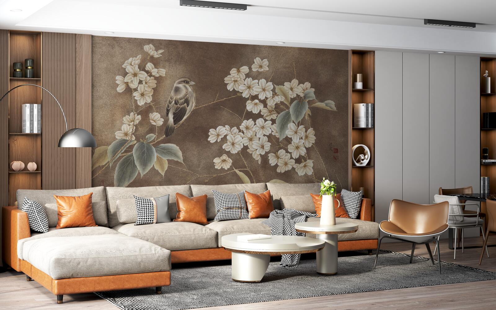 Fotobehang mus op een tak met sneeuwwitte bloemen