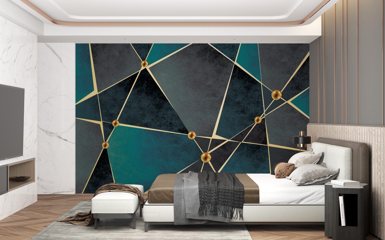 Fotobehang smaragdgroen mozaïek met gouden accenten