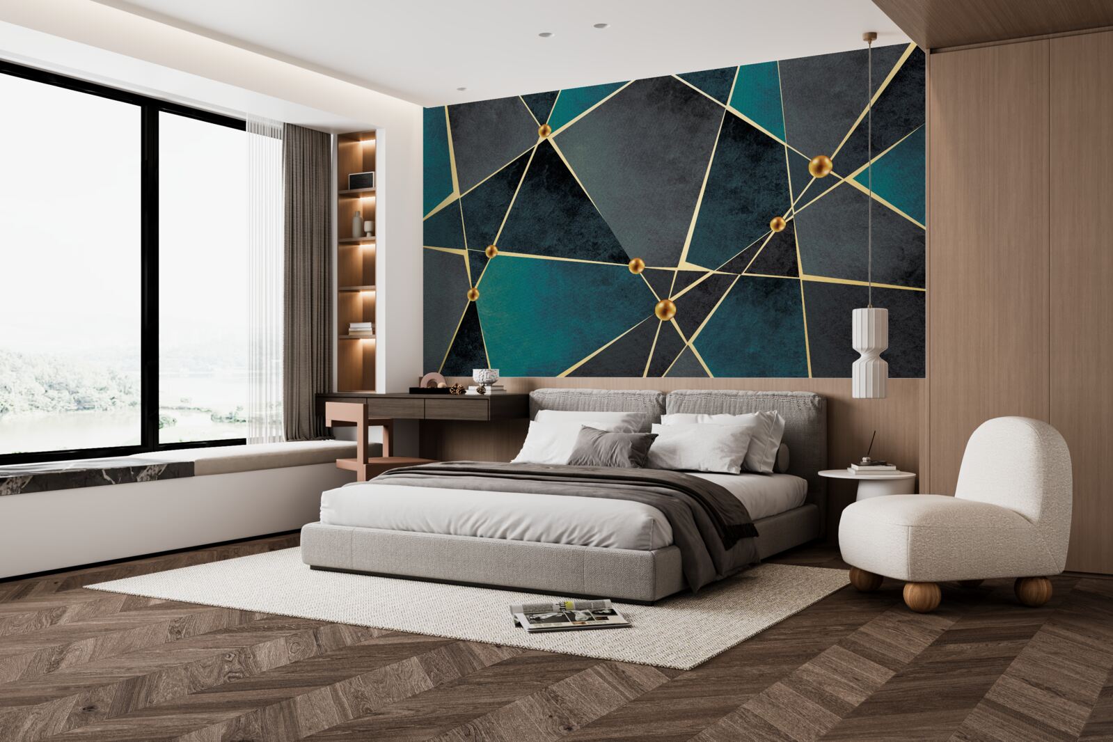 Fotobehang smaragdgroen mozaïek met gouden accenten