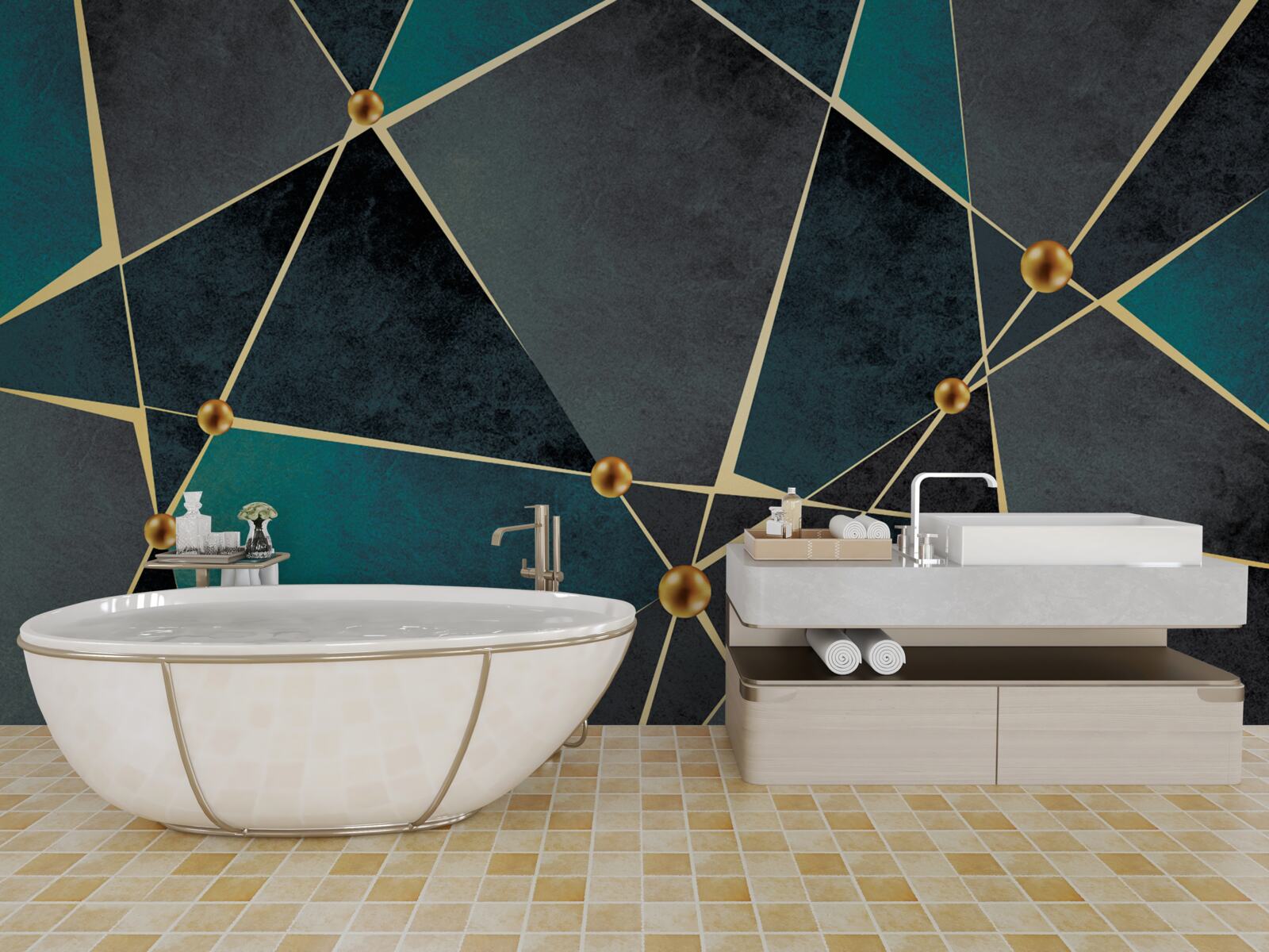 Fotobehang smaragdgroen mozaïek met gouden accenten