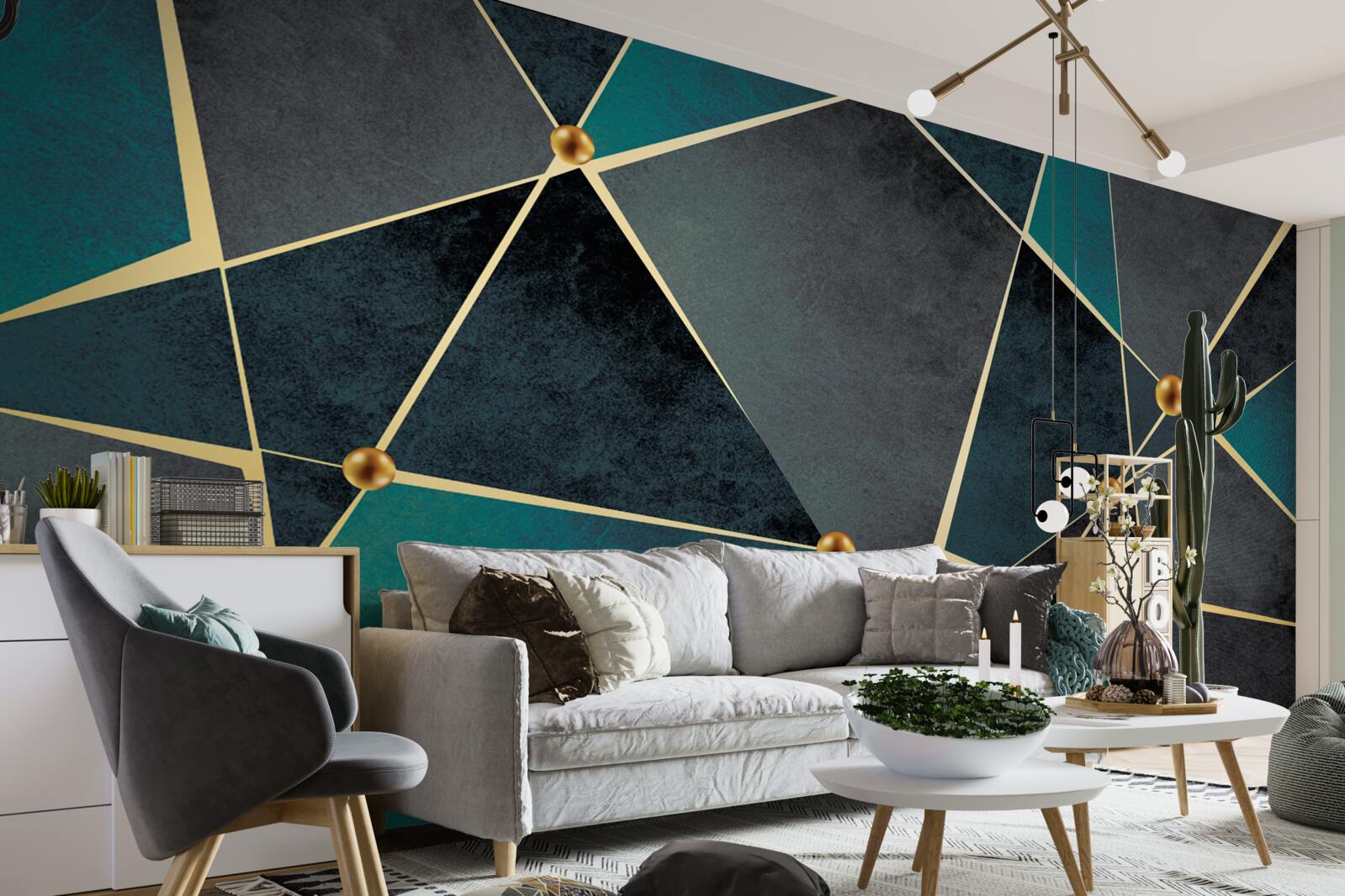 Fotobehang smaragdgroen mozaïek met gouden accenten