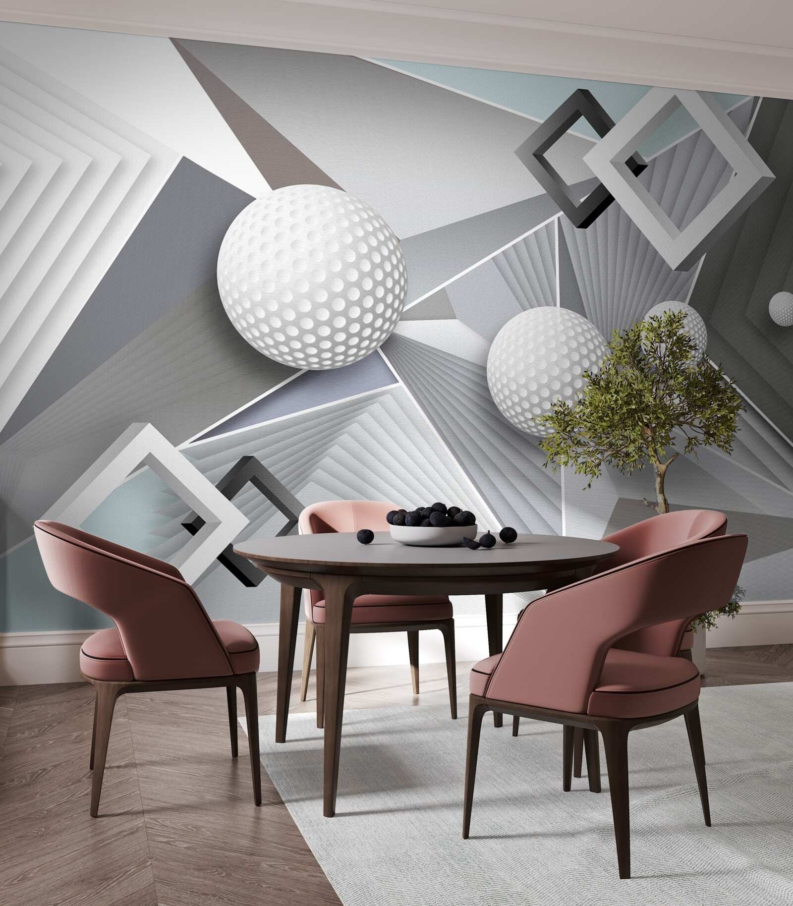 Fotobehang abstracte geometrische voorstelling van een kubus en een bal