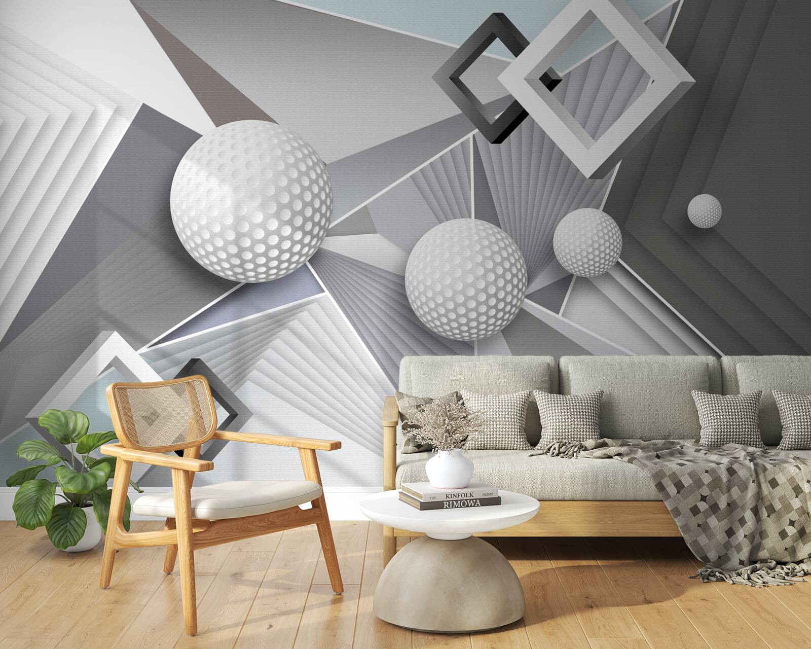 Fotobehang abstracte geometrische voorstelling van een kubus en een bal