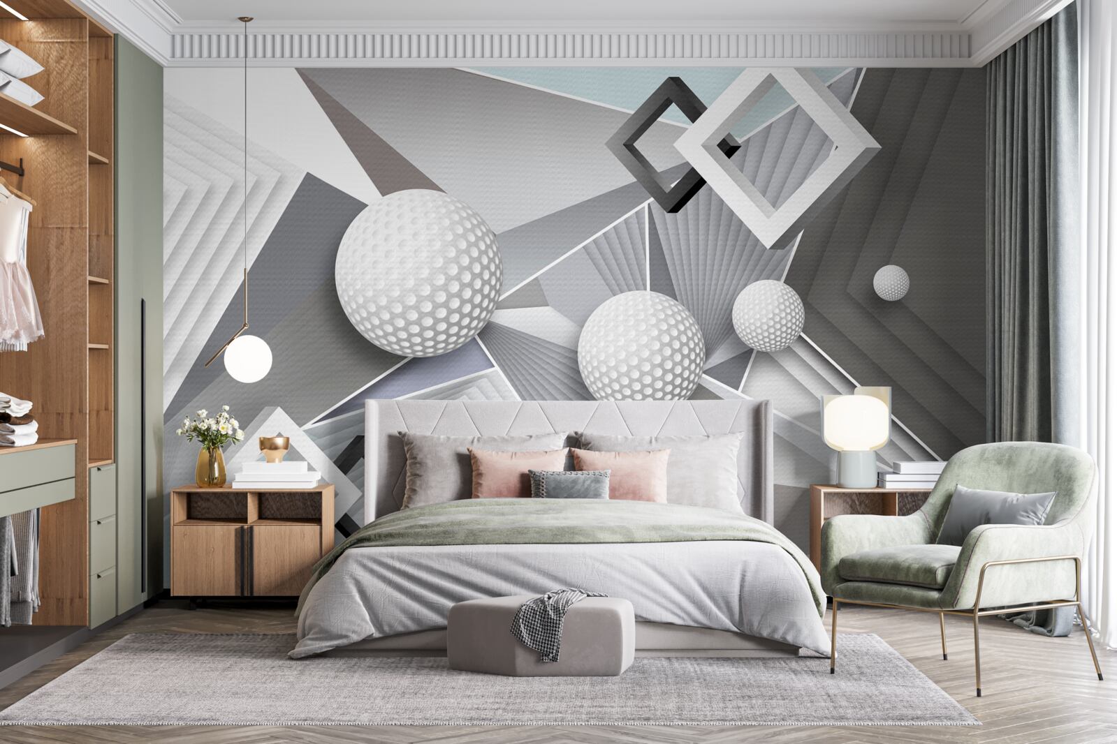 Fotobehang abstracte geometrische voorstelling van een kubus en een bal