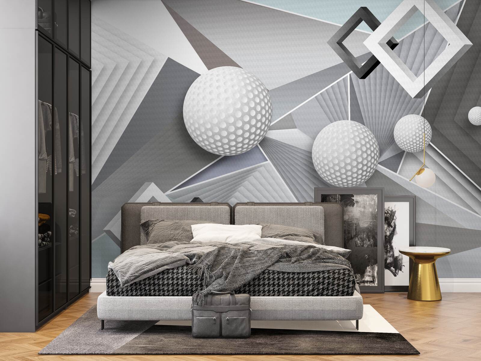 Fotobehang abstracte geometrische voorstelling van een kubus en een bal