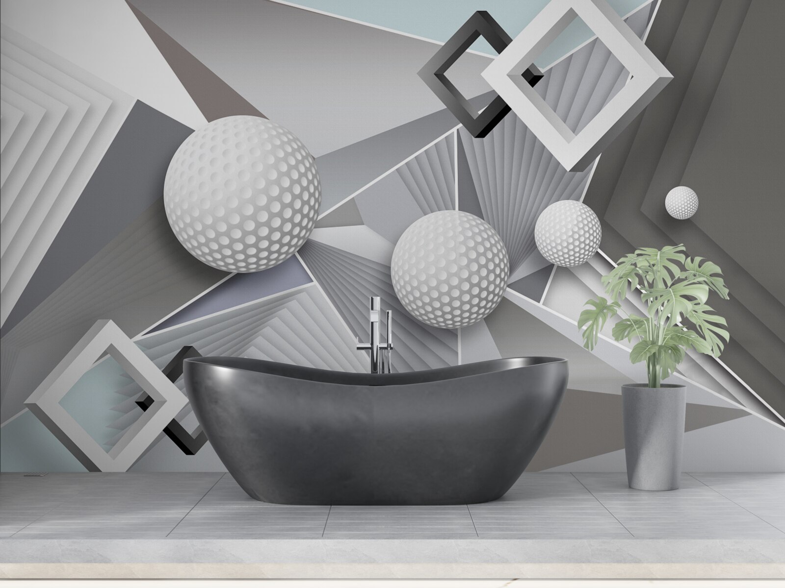 Fotobehang abstracte geometrische voorstelling van een kubus en een bal