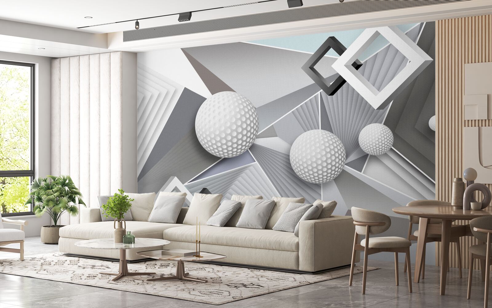 Fotobehang abstracte geometrische voorstelling van een kubus en een bal