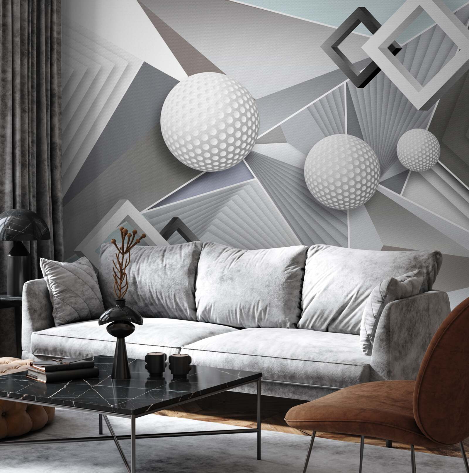 Fotobehang abstracte geometrische voorstelling van een kubus en een bal