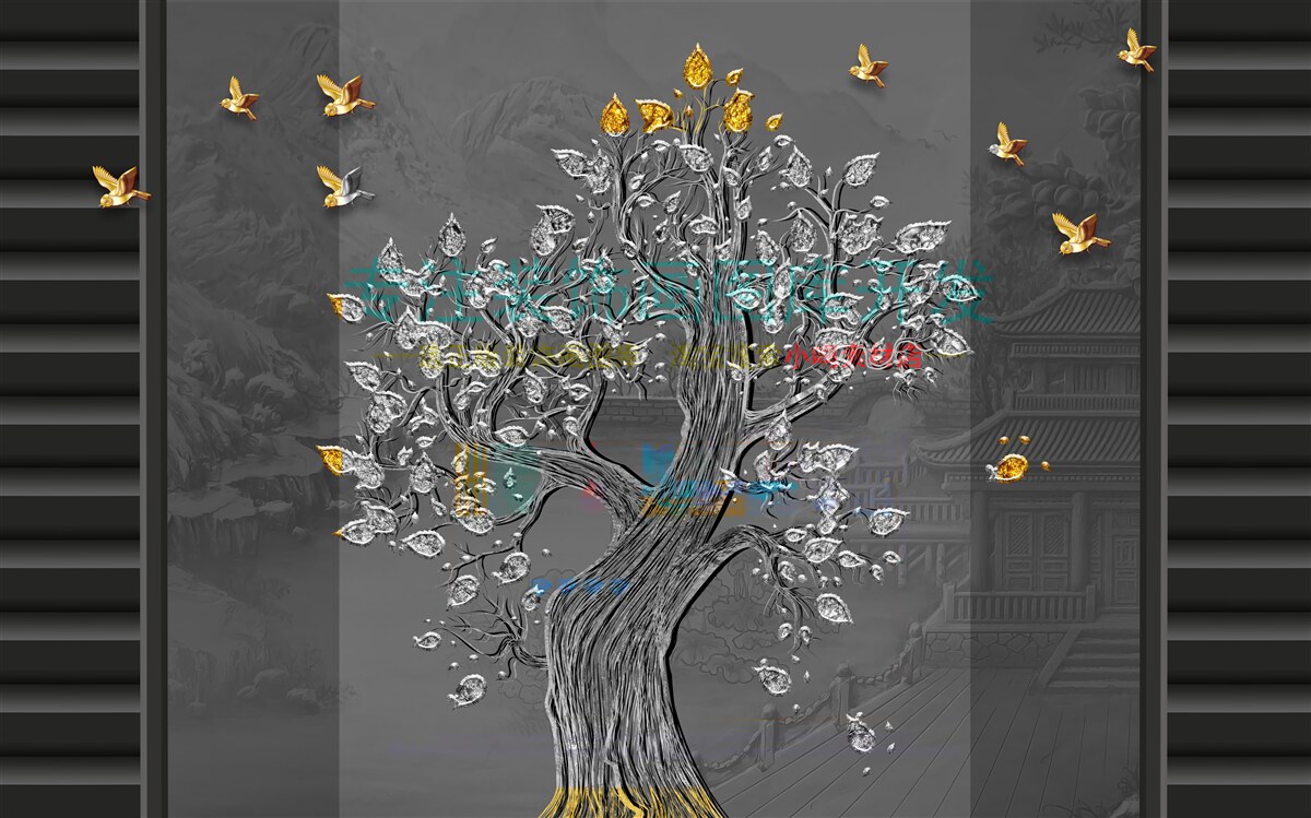 Fotobehang een boom van goud en vogels vliegend in de lucht