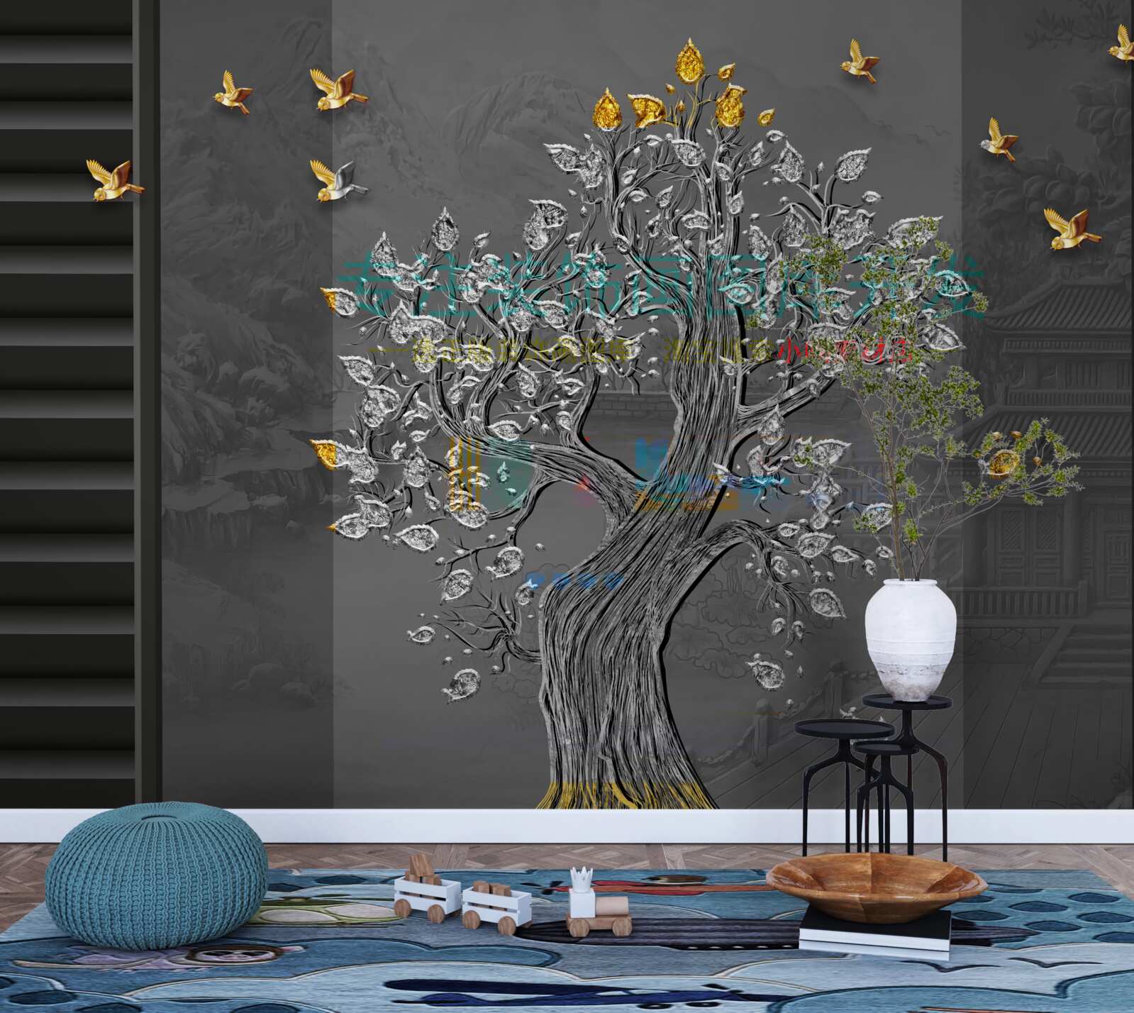 Fotobehang een boom van goud en vogels vliegend in de lucht