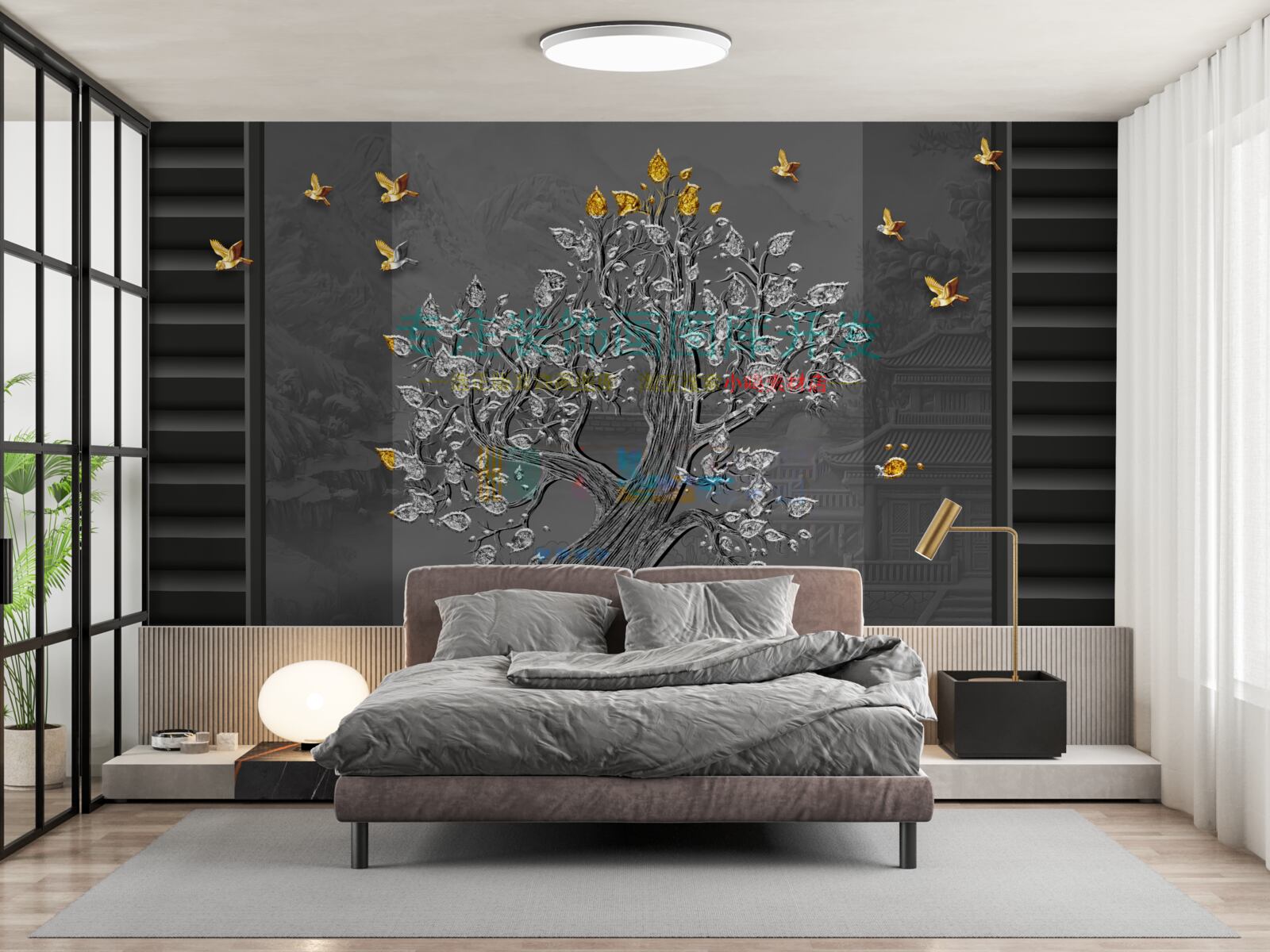 Fotobehang een boom van goud en vogels vliegend in de lucht