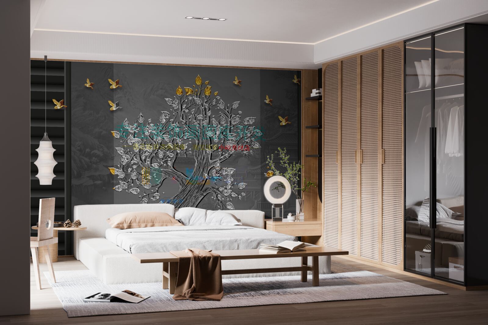 Fotobehang een boom van goud en vogels vliegend in de lucht