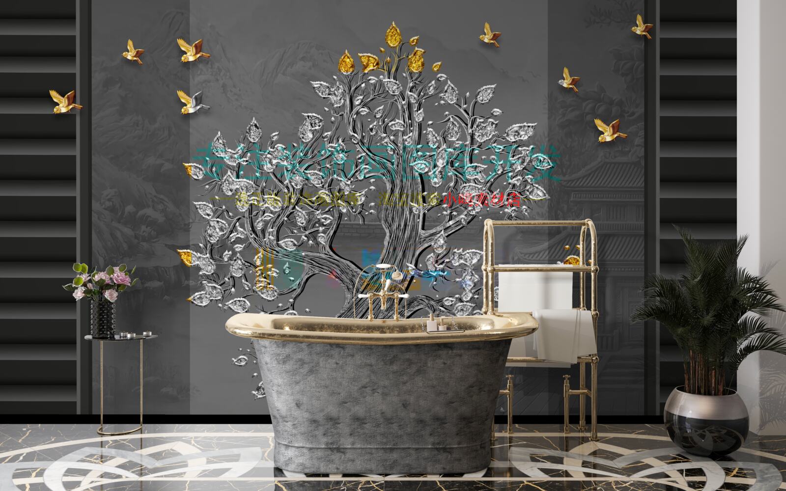 Fotobehang een boom van goud en vogels vliegend in de lucht