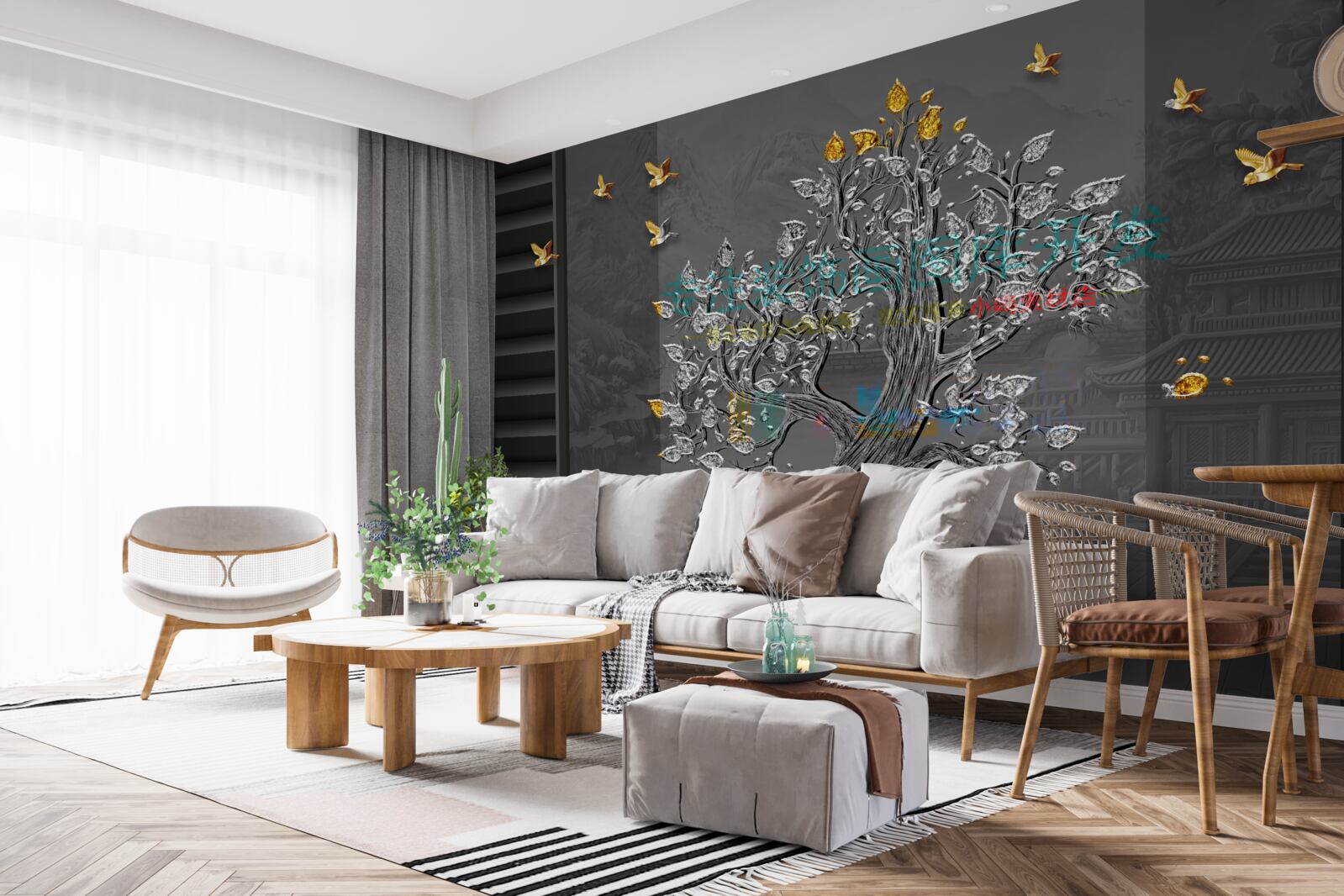 Fotobehang een boom van goud en vogels vliegend in de lucht