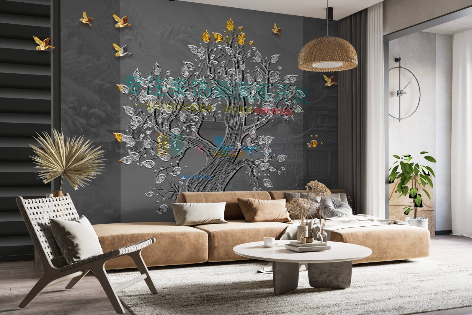 Fotobehang een boom van goud en vogels vliegend in de lucht