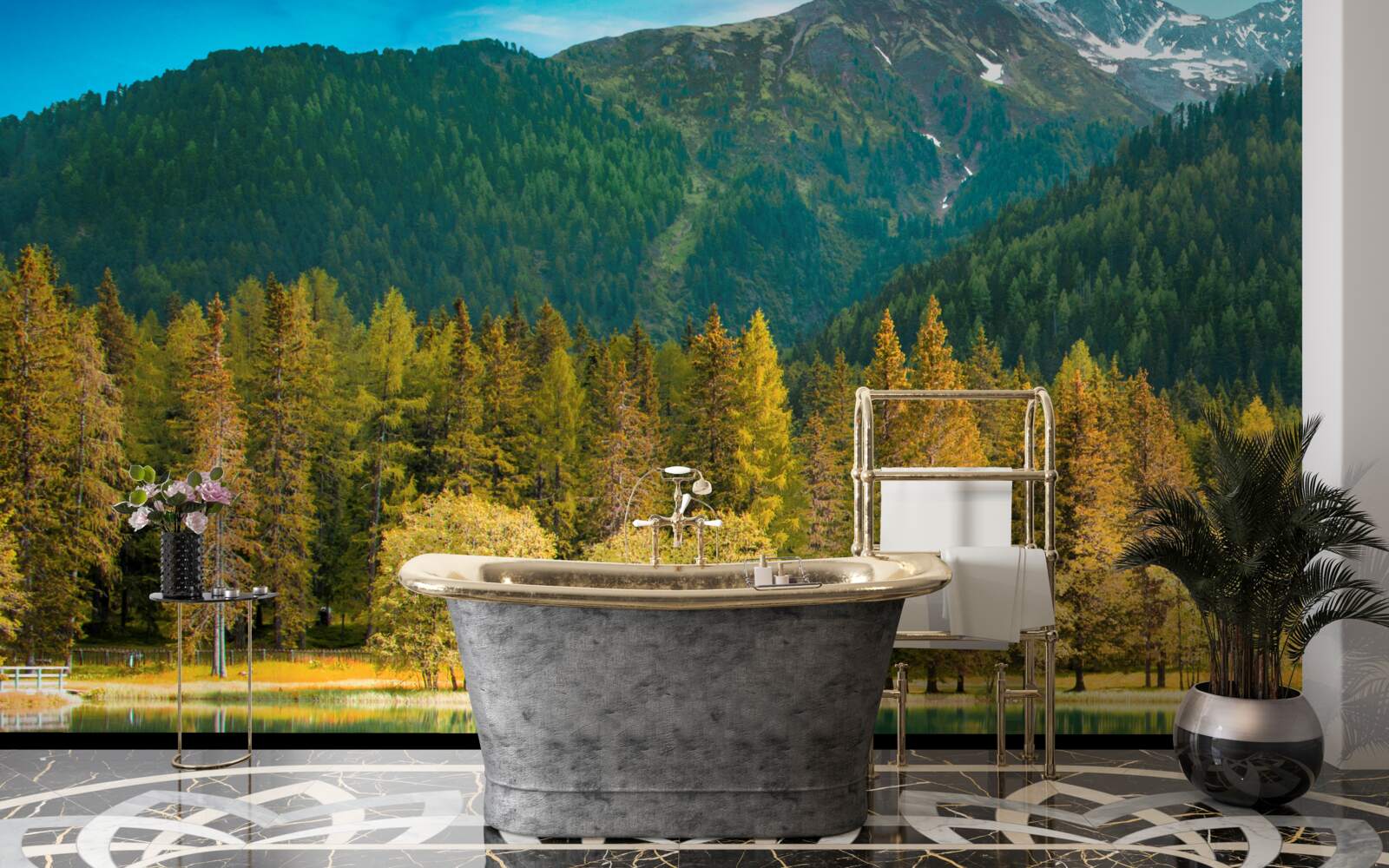 Fotobehang bergmeer in een herfstlandschap