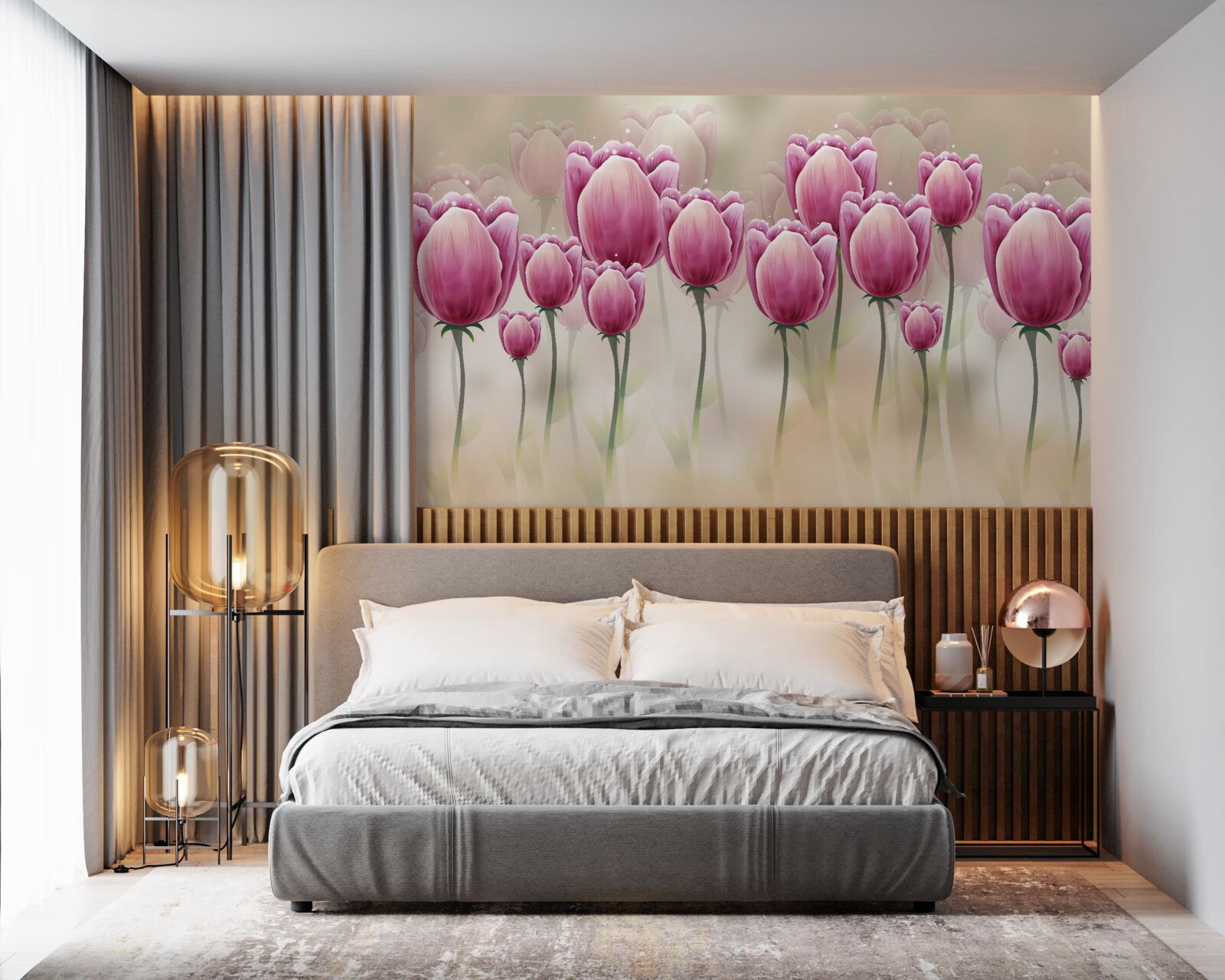 Fotobehang gesloten karmozijnrode tulpen