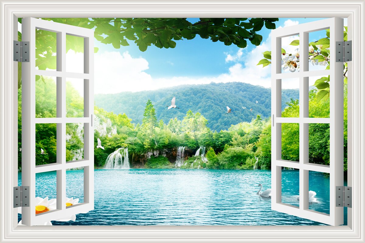 Fotobehang uitzicht vanuit raam op prachtig meer en watervallen