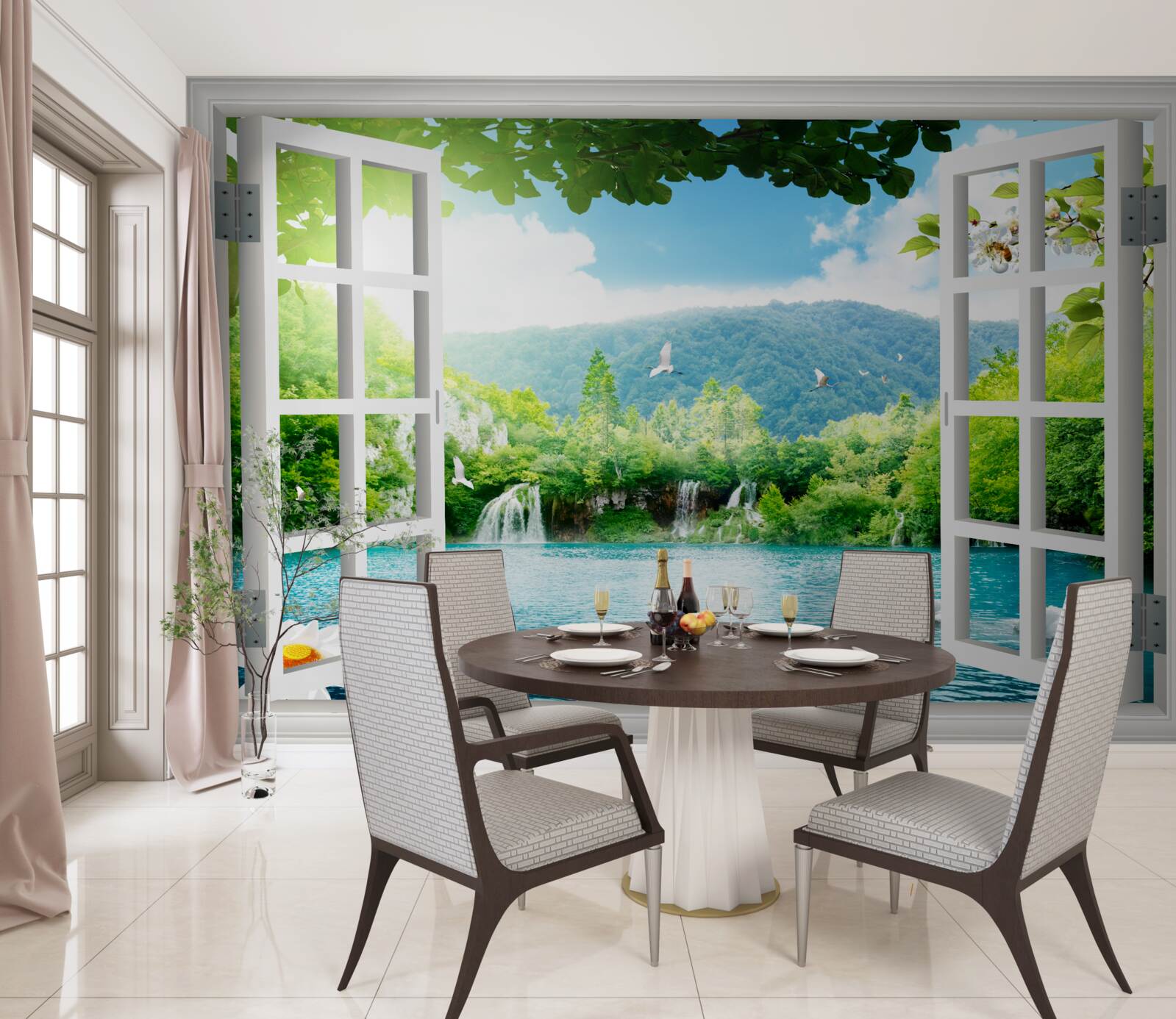 Fotobehang uitzicht vanuit raam op prachtig meer en watervallen