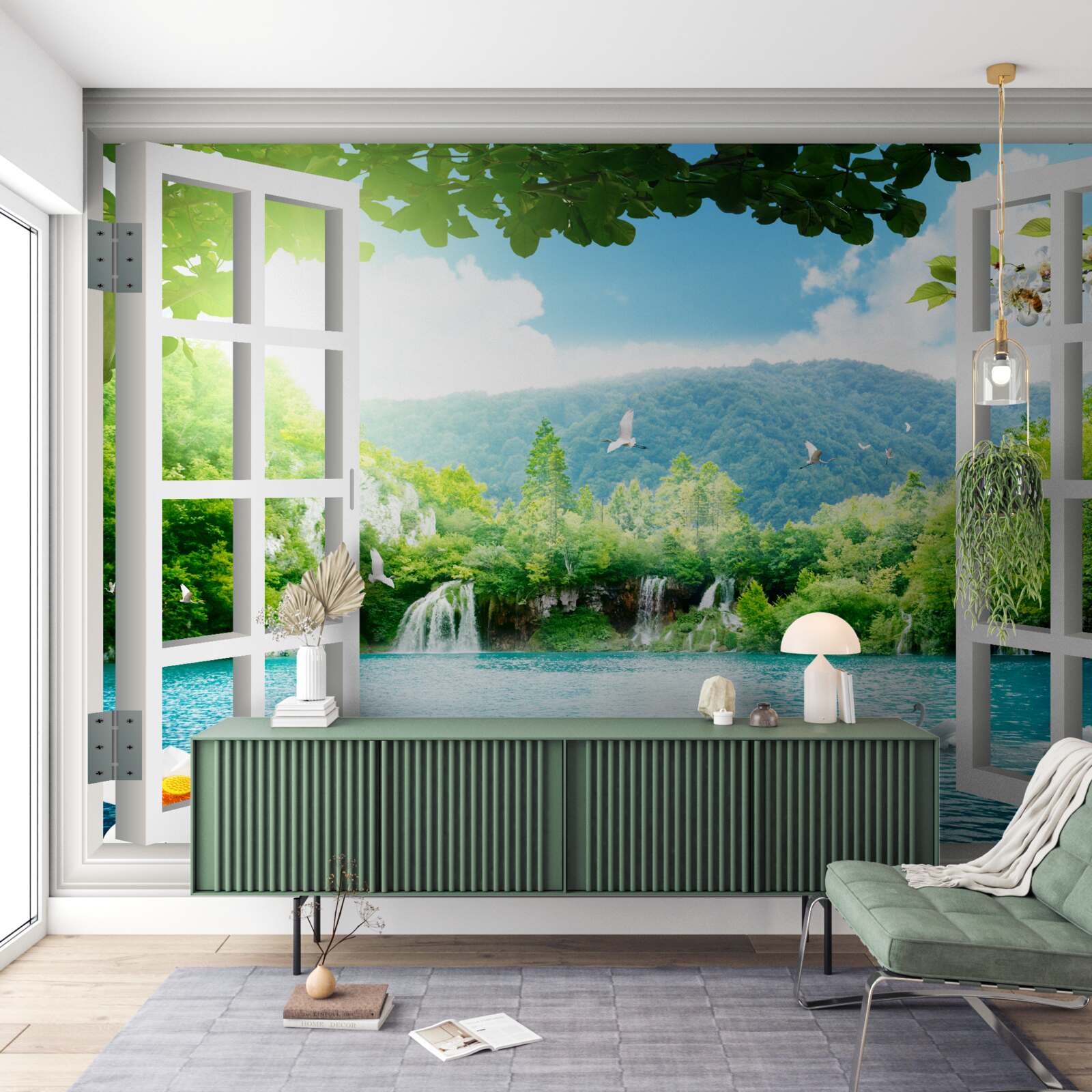 Fotobehang uitzicht vanuit raam op prachtig meer en watervallen