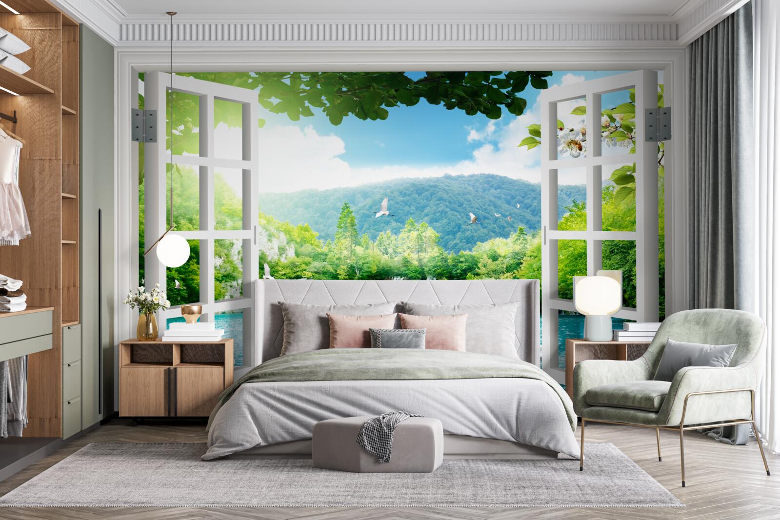 Fotobehang uitzicht vanuit raam op prachtig meer en watervallen