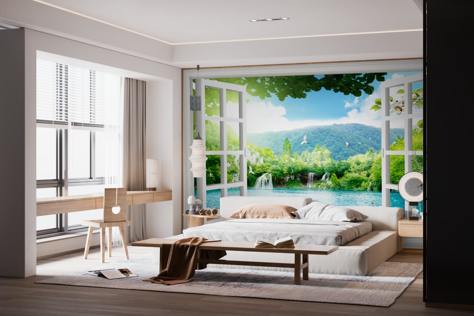 Fotobehang uitzicht vanuit raam op prachtig meer en watervallen