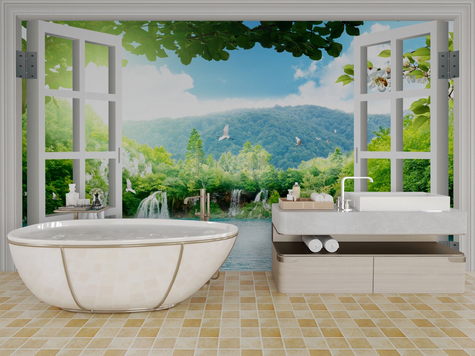 Fotobehang uitzicht vanuit raam op prachtig meer en watervallen