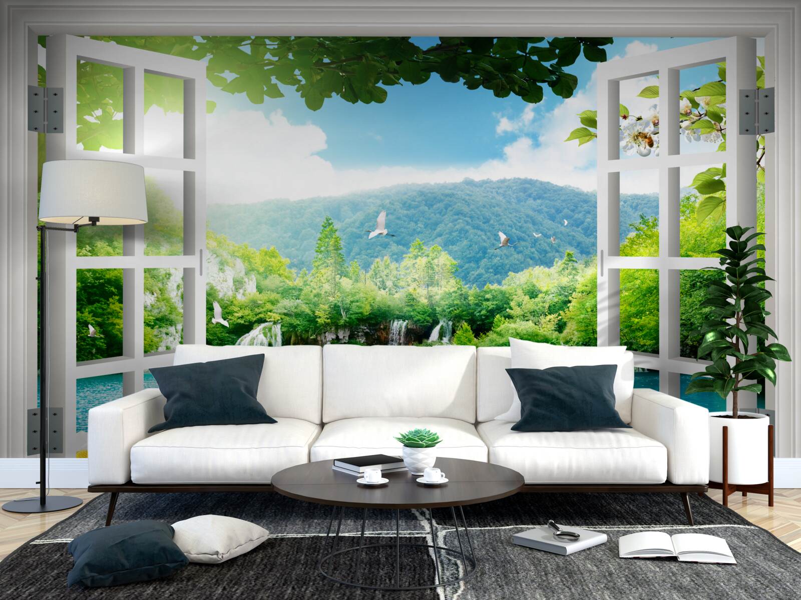 Fotobehang uitzicht vanuit raam op prachtig meer en watervallen