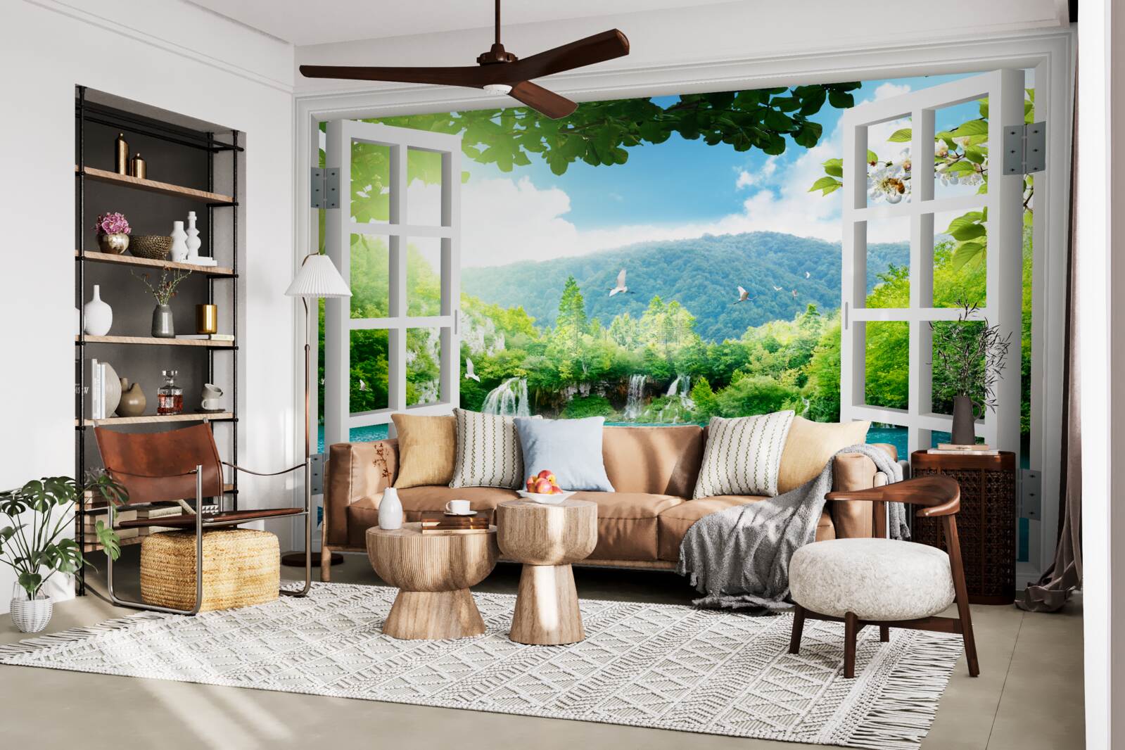 Fotobehang uitzicht vanuit raam op prachtig meer en watervallen