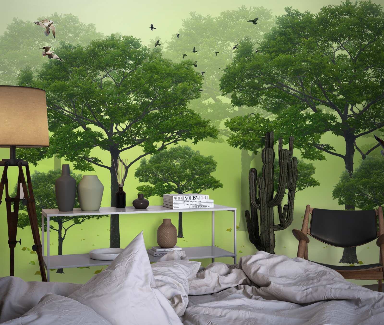 Fotobehang ochtendbos bedekt met groene bladeren