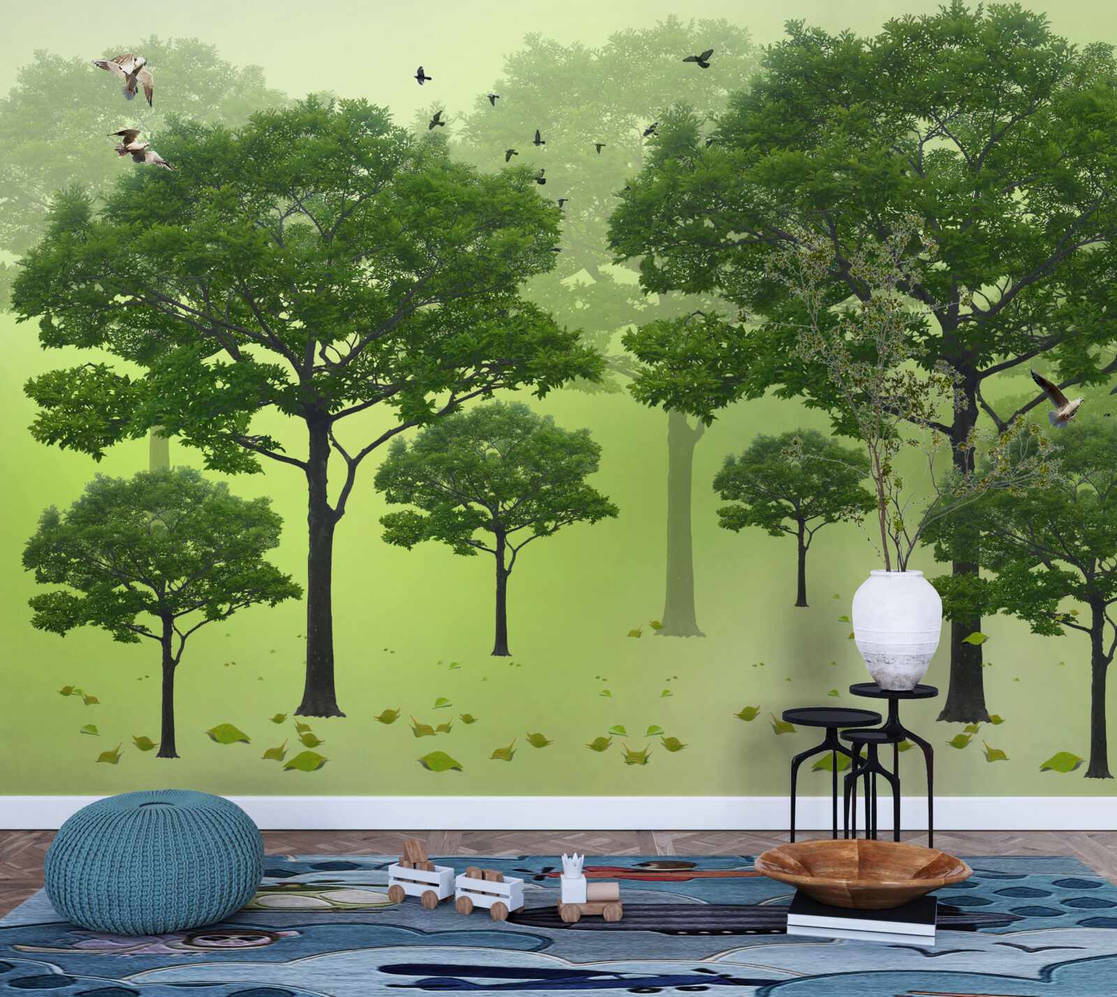 Fotobehang ochtendbos bedekt met groene bladeren