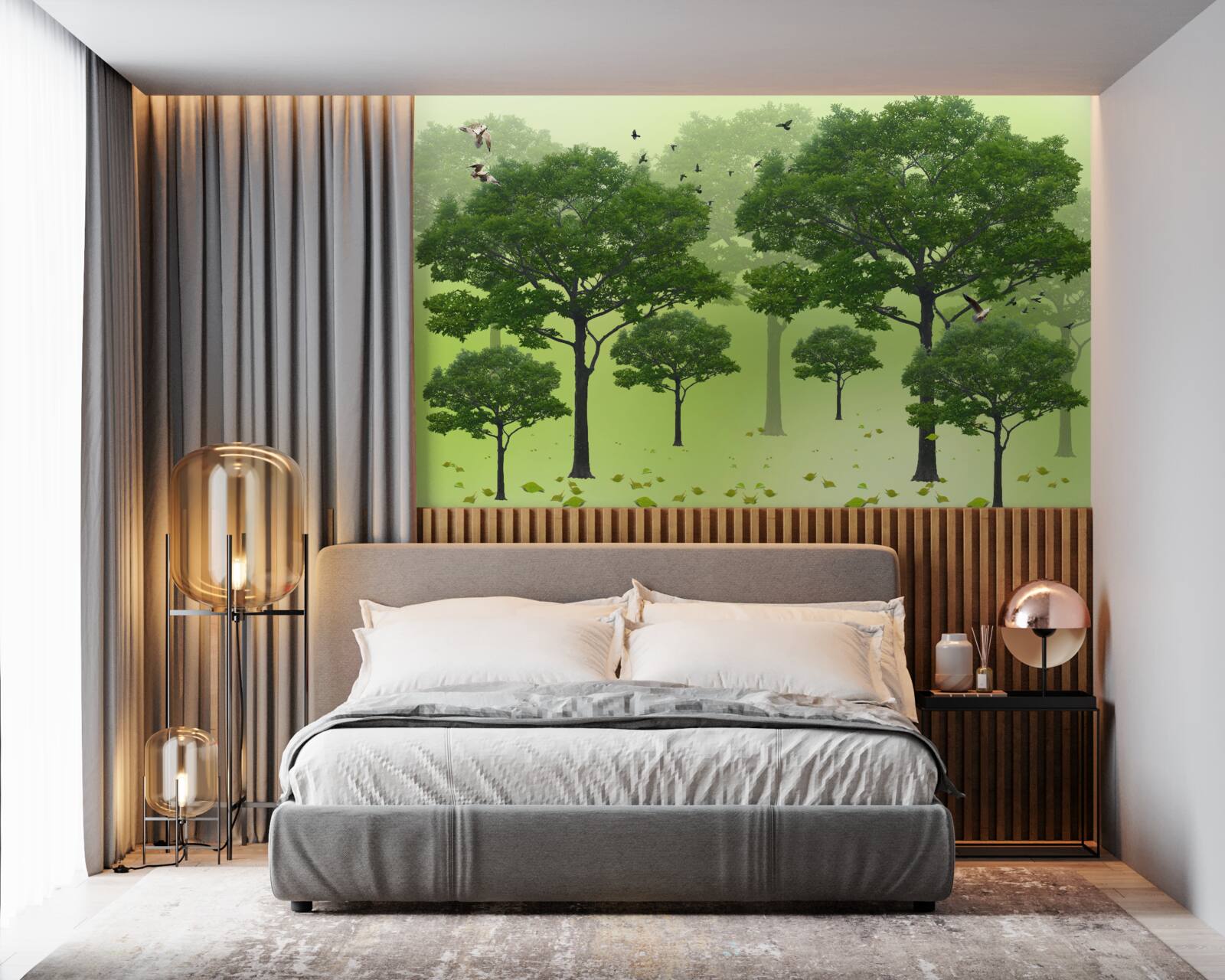 Fotobehang ochtendbos bedekt met groene bladeren