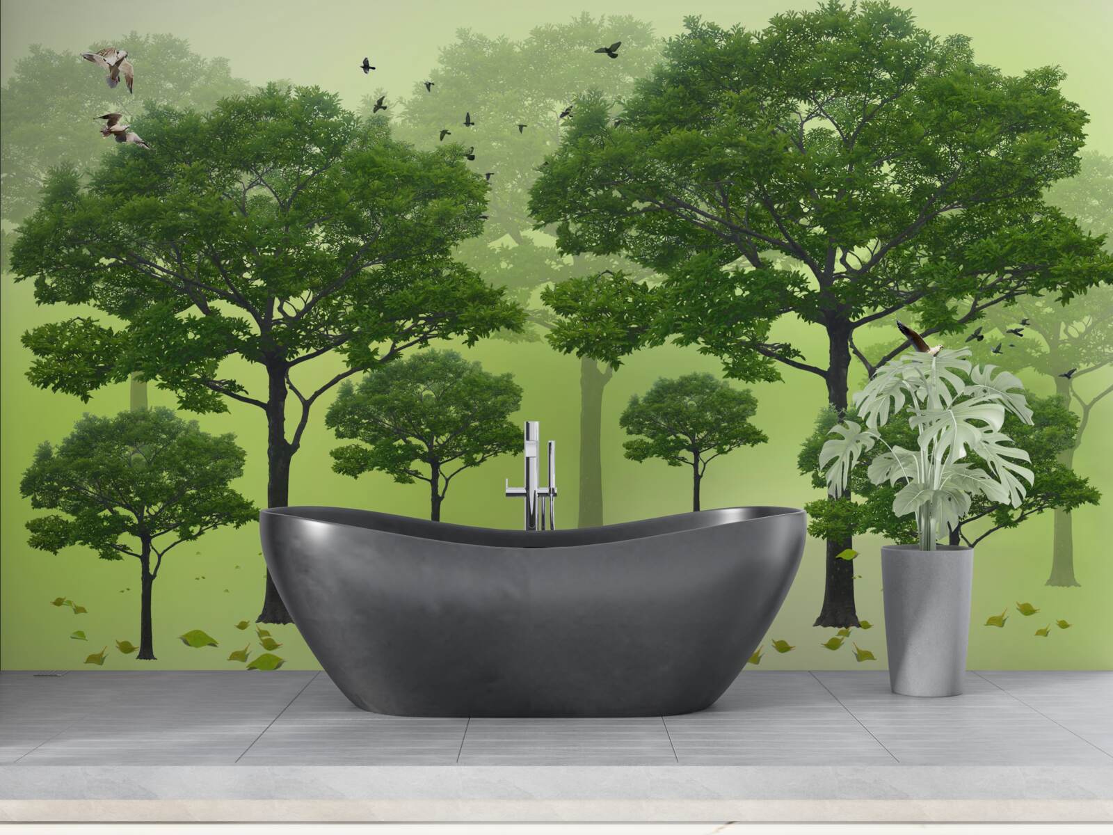 Fotobehang ochtendbos bedekt met groene bladeren