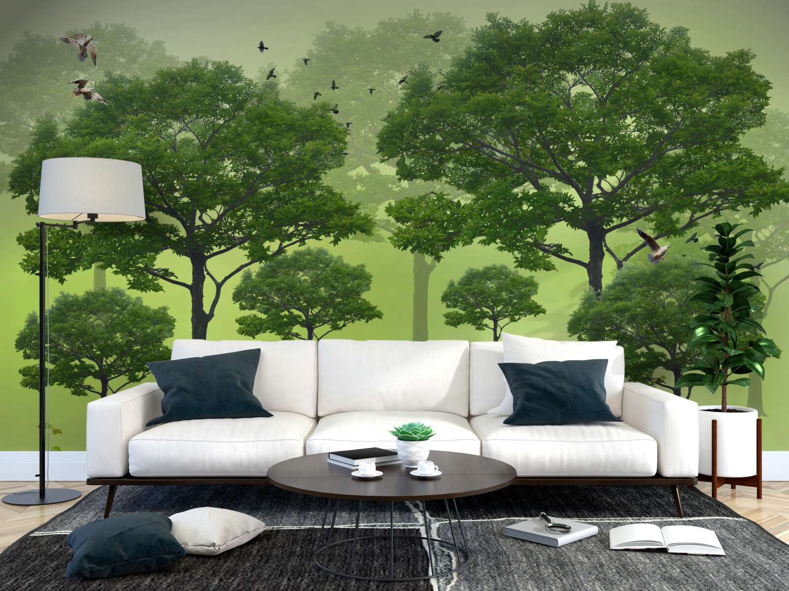 Fotobehang ochtendbos bedekt met groene bladeren