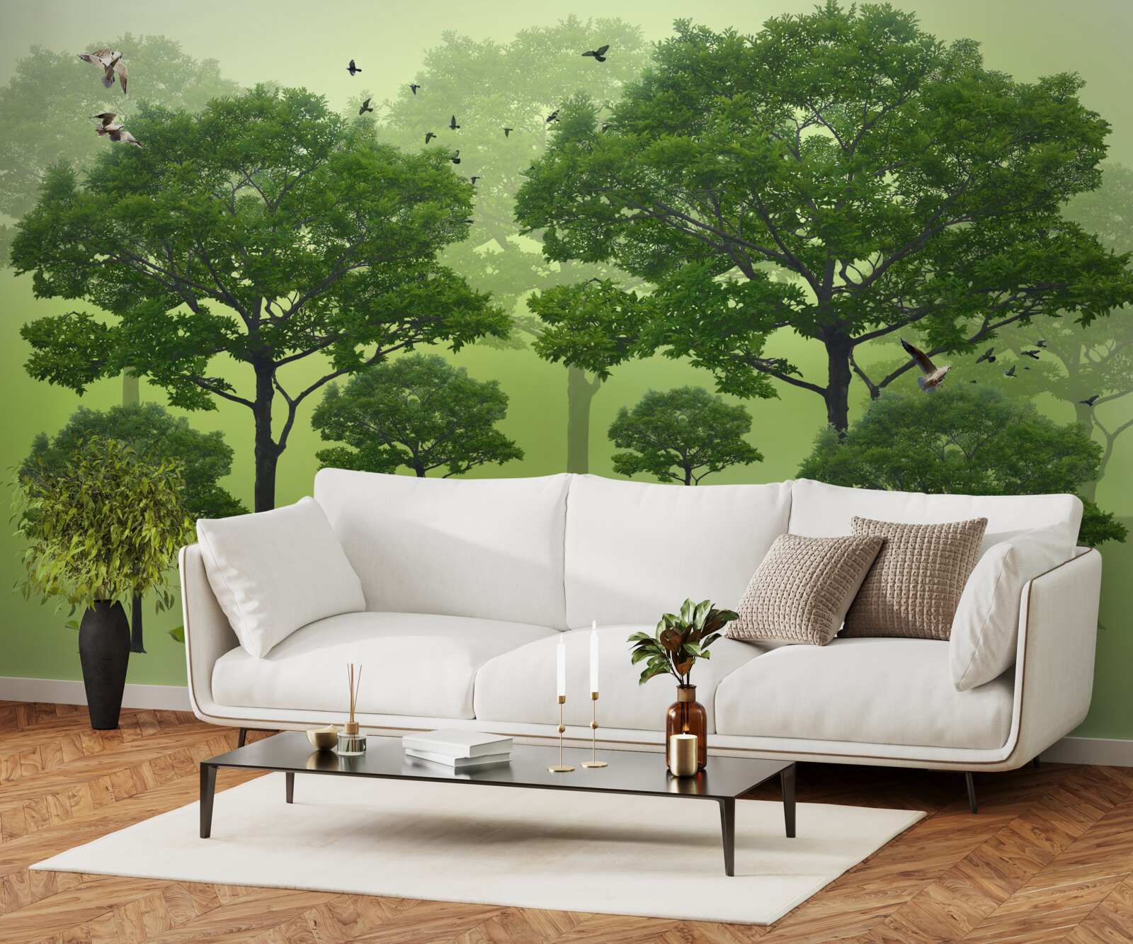 Fotobehang ochtendbos bedekt met groene bladeren