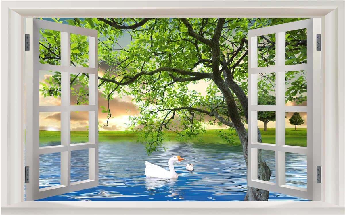 Fotobehang Zwaan drijft bij het raam