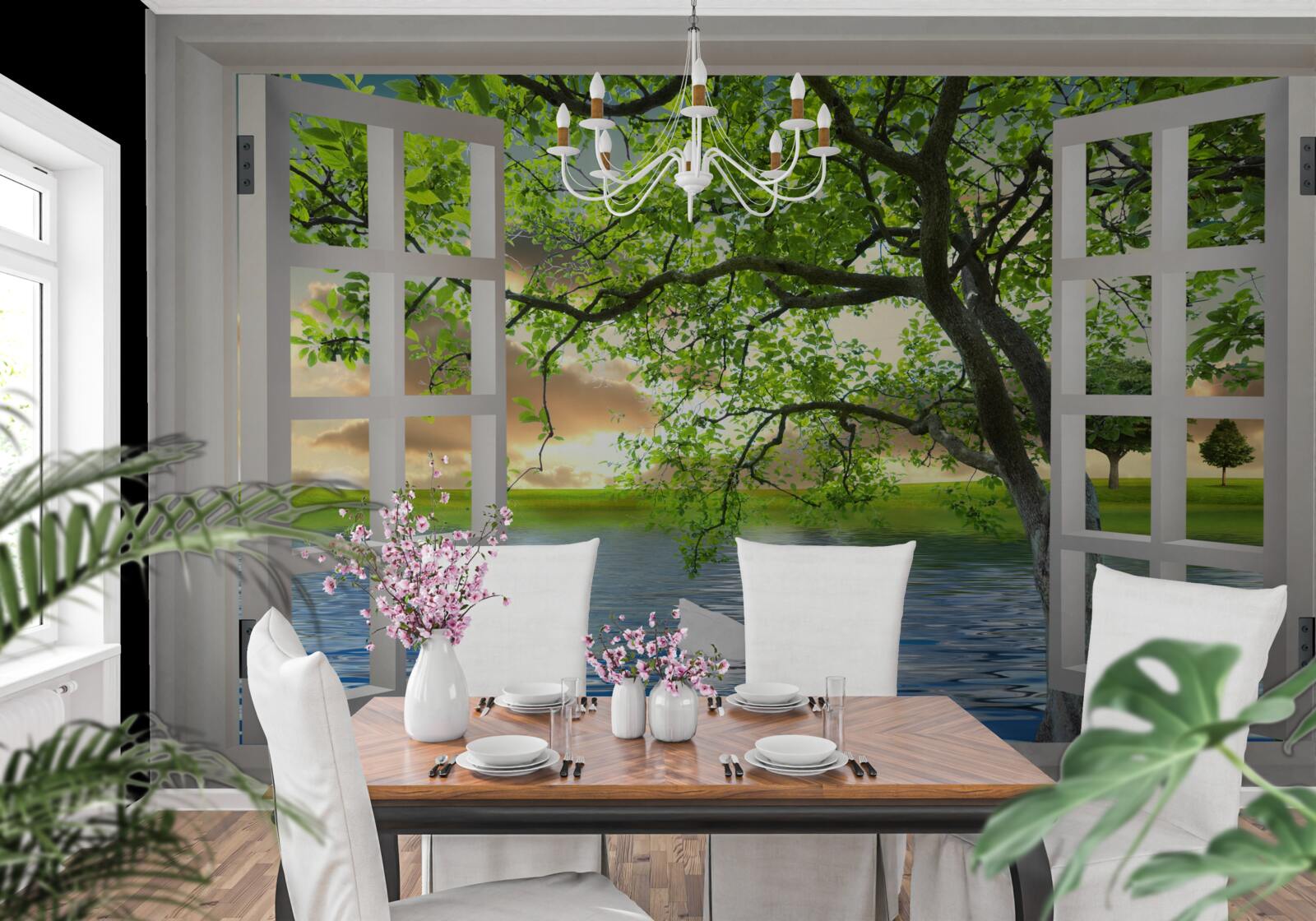 Fotobehang Zwaan drijft bij het raam