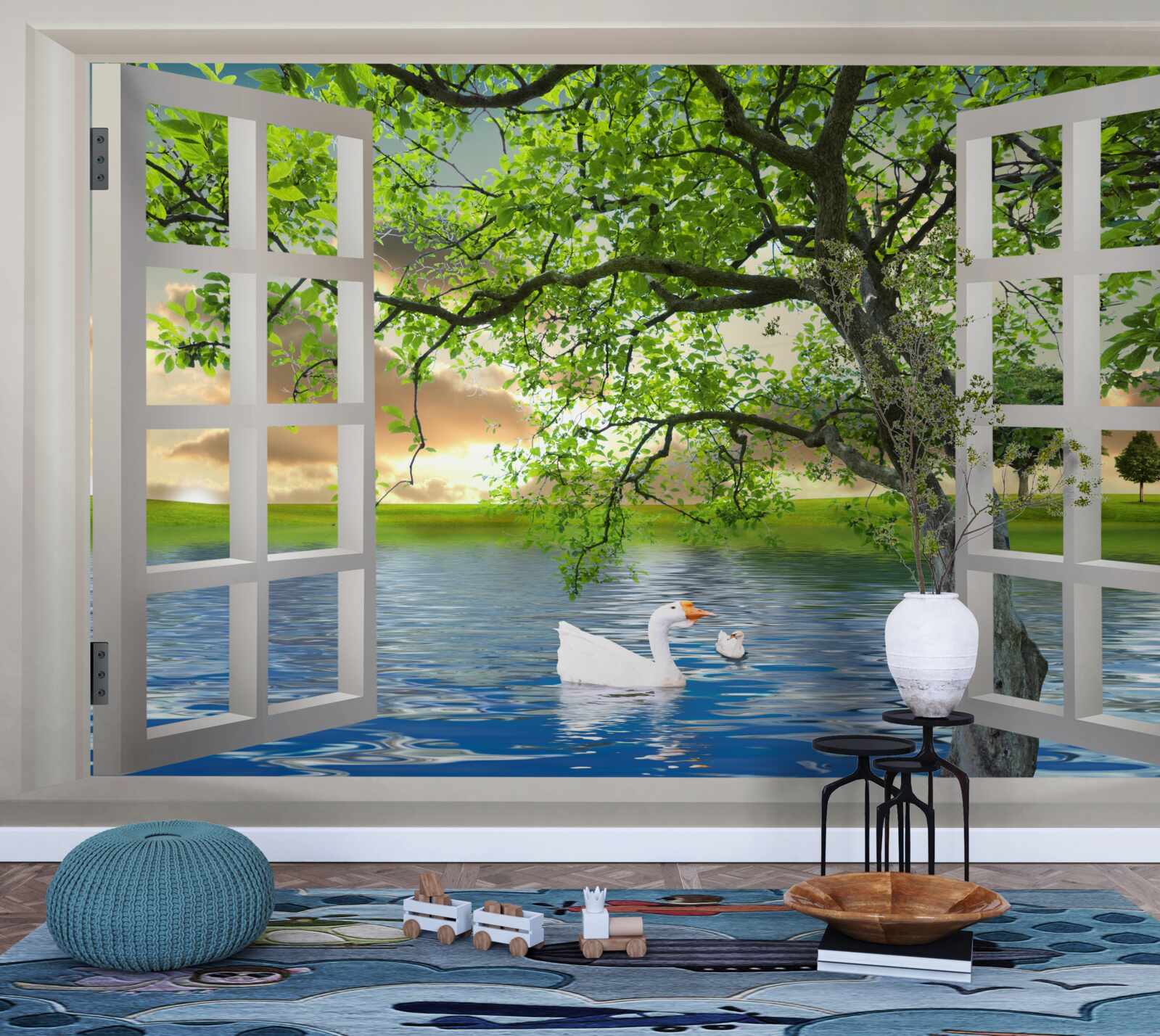 Fotobehang Zwaan drijft bij het raam