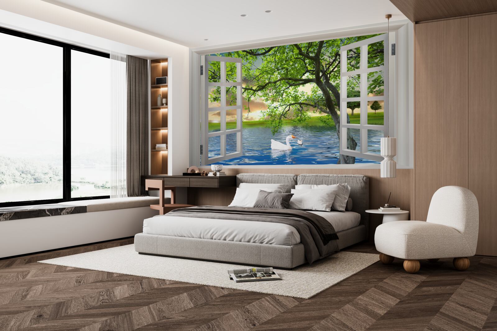 Fotobehang Zwaan drijft bij het raam