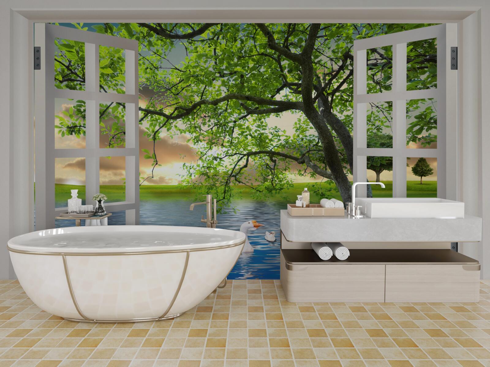 Fotobehang Zwaan drijft bij het raam