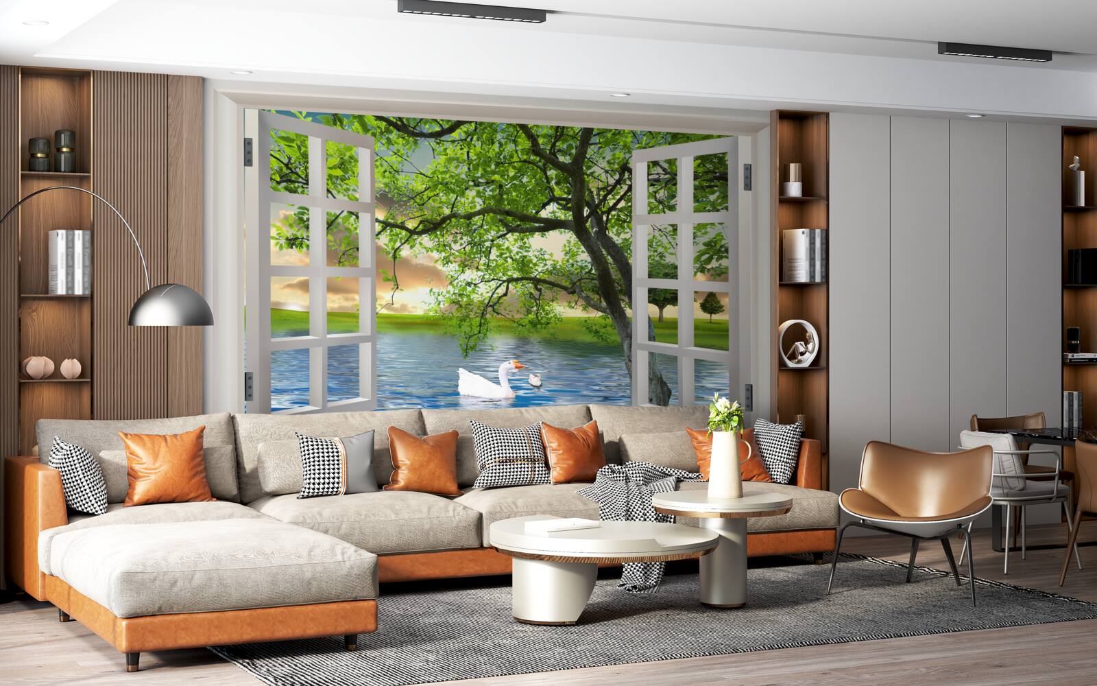 Fotobehang Zwaan drijft bij het raam