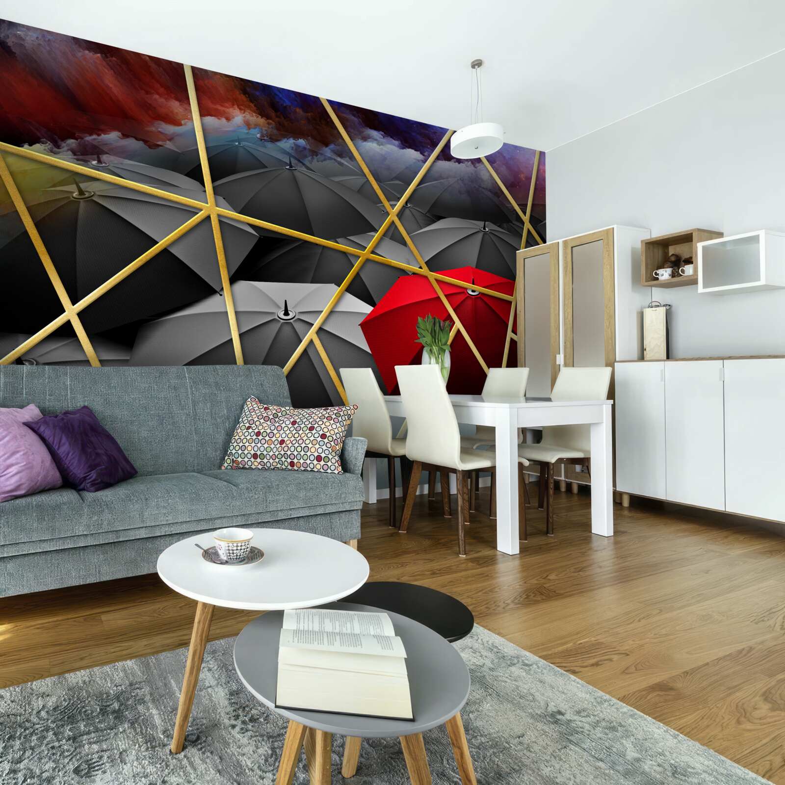 Fotobehang goud gaas op grijze achtergrond geaccentueerd door rode paraplu