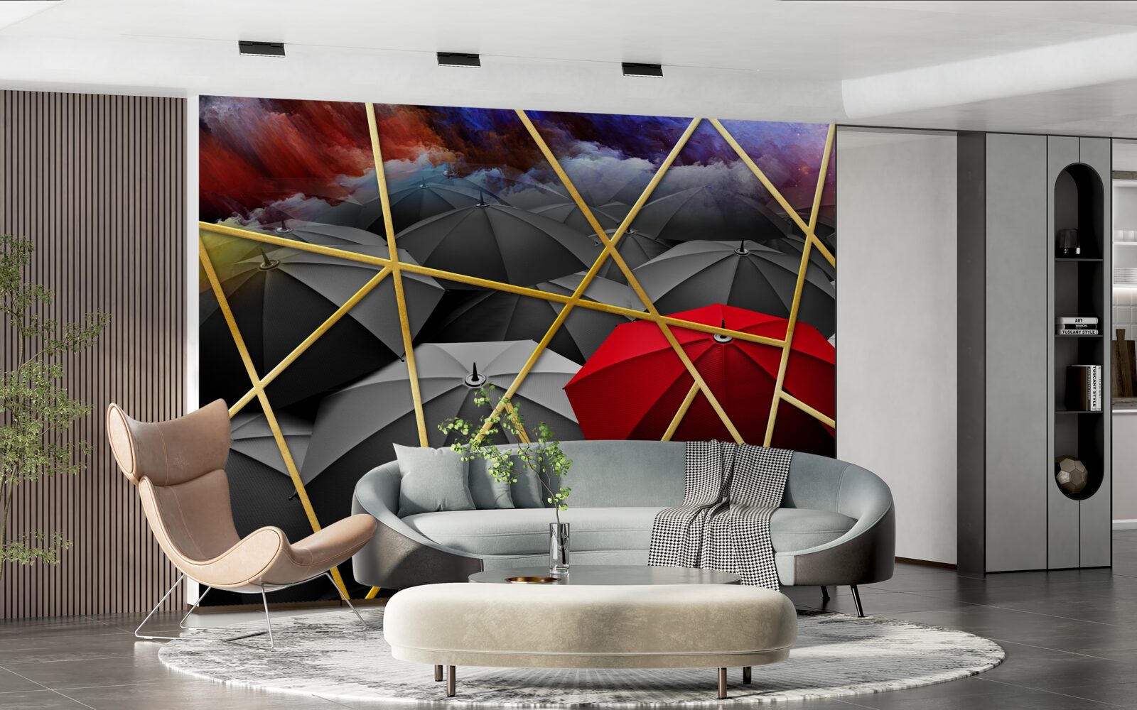 Fotobehang goud gaas op grijze achtergrond geaccentueerd door rode paraplu