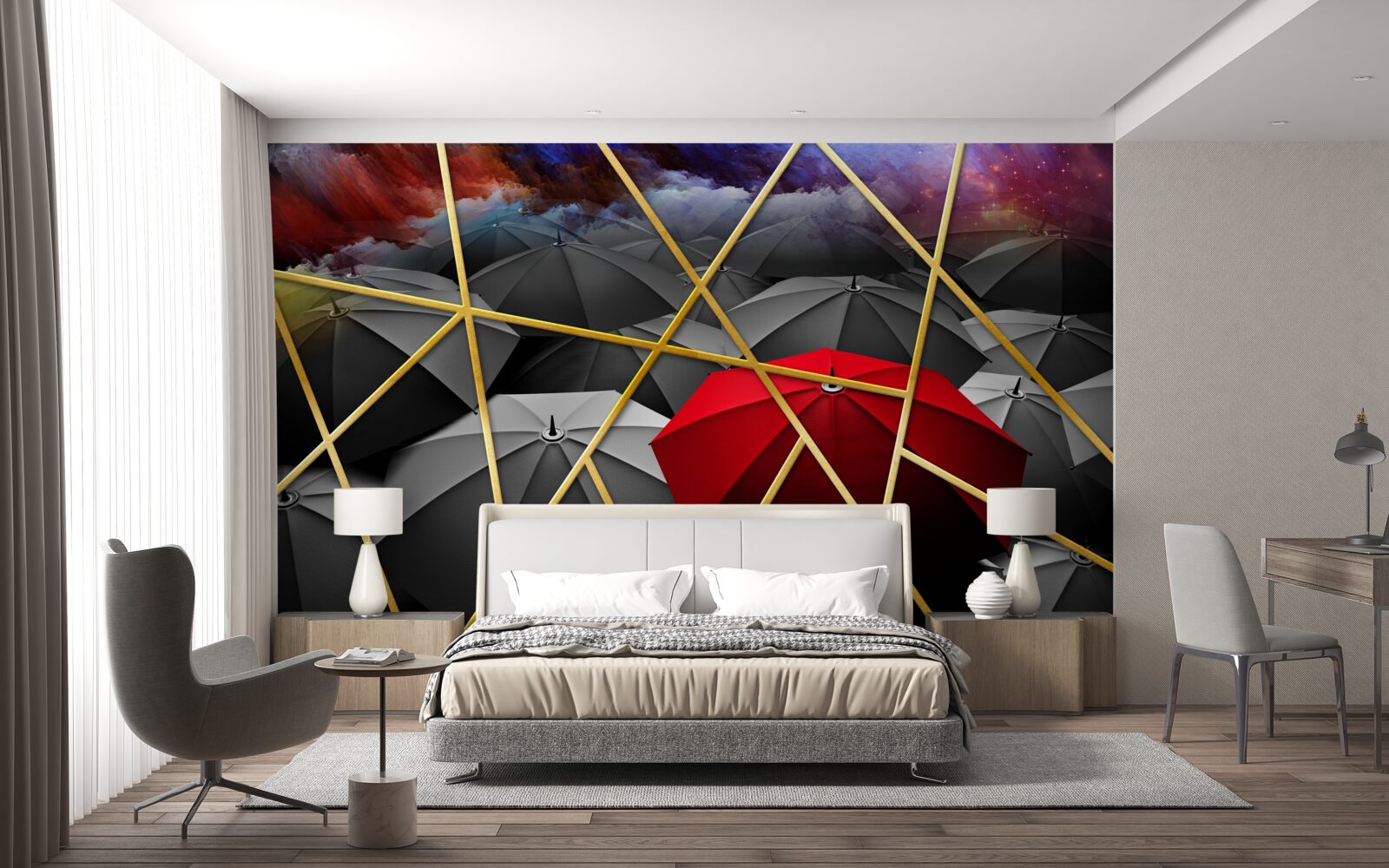 Fotobehang goud gaas op grijze achtergrond geaccentueerd door rode paraplu