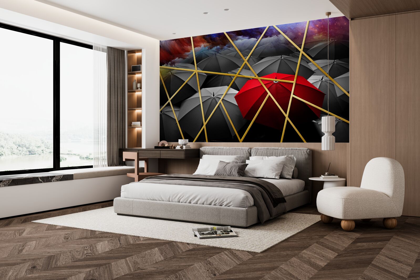 Fotobehang goud gaas op grijze achtergrond geaccentueerd door rode paraplu